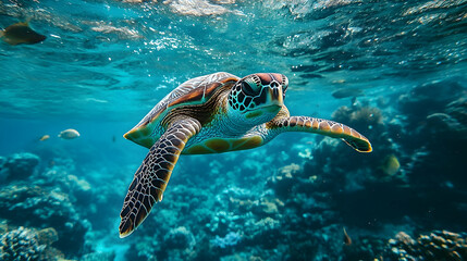 Obraz premium Sea turtle swimming amongst coral reefs.