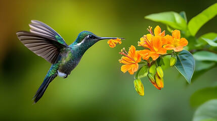 A hummingbird in flight, feeding from an orange flower.