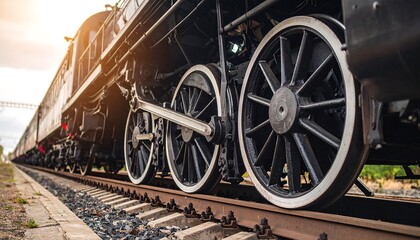 Dramatic close-up of train wheels and weathered tracks from low viewpoint