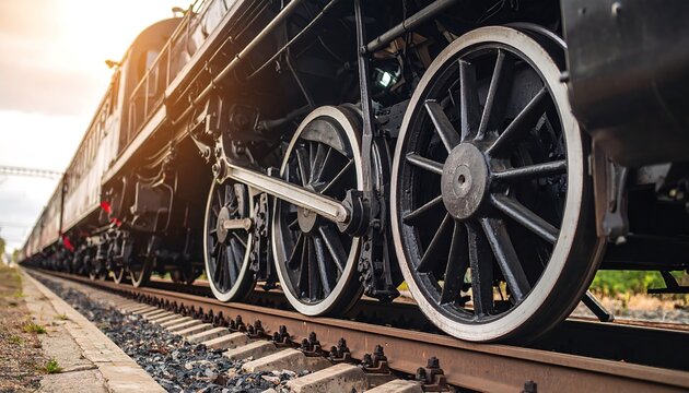 Dramatic close-up of train wheels and weathered tracks from low viewpoint