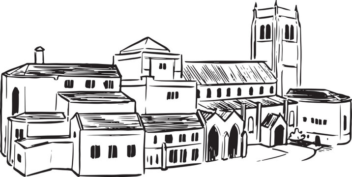 Bradford Cathedral, England landmark ink illustrations.  Anglican cathedral reflecting historical changes. Ancient antique architectural illustrations. English structures sketches. 