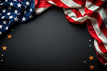 Patriotic American Flag Frame with Chalkboard Center, Rustic U.S. flag border with glittery gold stars framing a blank black chalkboard center, perfect for patriotic holiday messages or promotions.

