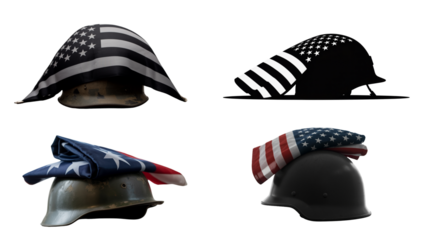 The image shows four variations of a military helmet draped with an American flag. The helmets vary in color, and one image is presented as a silhouette.

