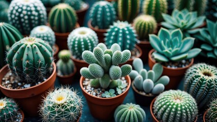 Fototapeta premium Closeup of various cactus succulent plants placed in flower pots.