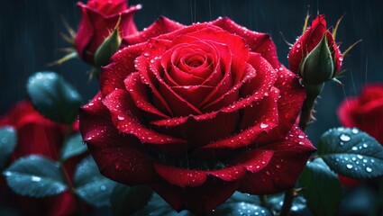 A stunning red rose with many petals, each petal has raindrops.