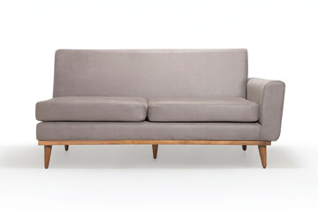 Comfortable gray loveseat with wooden legs, isolated on white background. Modern two-seater sofa for a living room interior. Angle view with copy space.
