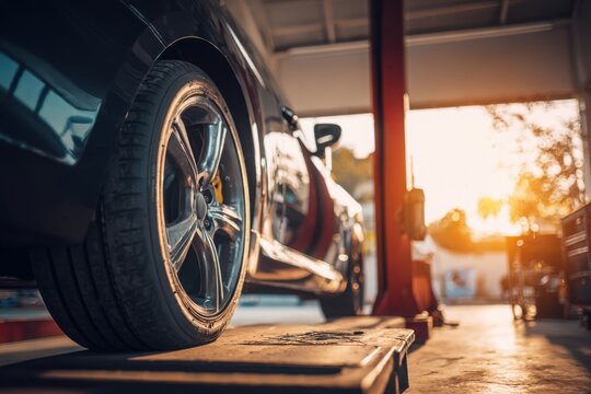 Fototapeta Car in auto repair shop. Auto service industry.