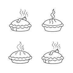 Simple black and white illustrations of steaming homemade fruit pies for thanksgiving or fall