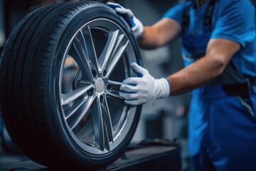 Close-up of a mechanic in uniform and gloves handling a brand new car tire with alloy wheel inside a service garage.