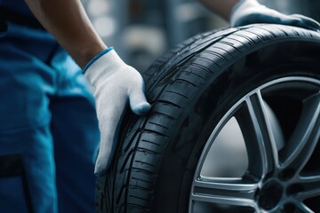 Fototapeta premium Close-up of a mechanic in uniform and gloves handling a brand new car tire with alloy wheel inside a service garage.