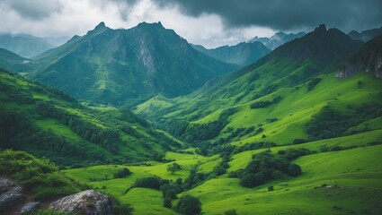 Fototapeta premium Green mountain landscape in beautiful nature with mountain background and lush green scenery during travel, national park, and empty space for text