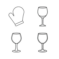 Simple linear outline illustration of a kitchen oven mitt and wine glasses isolated on white