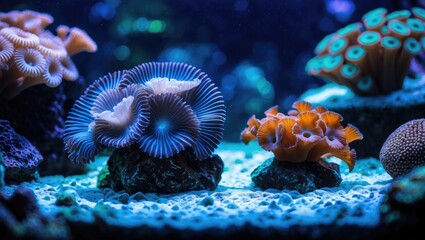 Obraz premium The Cute Reticulated Dascyllus And Threespot Dascyllus Juvenile And Others In Table Coral. Underwater Photography With Empty Copy Space For Text