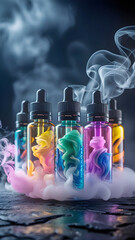 Colorful E-Liquid Bottles with Vapor Smoke