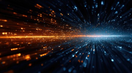 Naklejka premium An abstract digital artwork depicting a vibrant, dynamic energy field with streaks of warm orange and cool blue light converging towards a central point, creating a sense of depth and movement