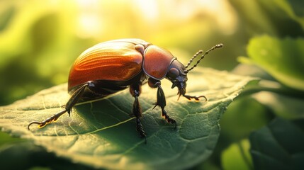 Naklejka premium A macro image of a beetle crawling on a leaf, with sunlight illuminating its shiny body and the intricate details of the leaf surface