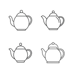 Collection of four minimalist outlined teapots on a white background for design elements