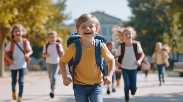 Happy Schoolchildren Running in Schoolyard During Recess &ndash; Back to School Concept