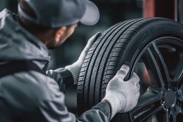 Close-up of a mechanic in uniform and gloves handling a brand new car tire with alloy wheel inside a service garage.