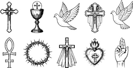 Faith in God, concept. Hand drawn Bible symbols collection in vintage engraving style. Sketch vector illustration
