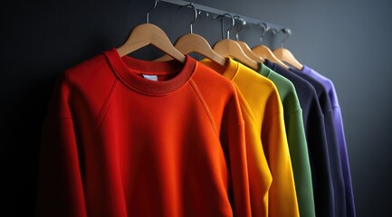 Obraz premium A row of crewneck sweatshirts in various colors hangs on wooden hangers against a dark background, showcasing a spectrum of vibrant hues and soft textures