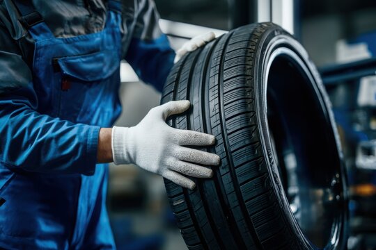 Close-up of a mechanic in uniform and gloves handling a brand new car tire with alloy wheel inside a service garage.