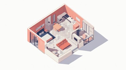 Isometric view of an apartment floor plan with bedroom, living room, kitchen, bathroom