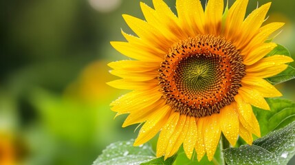 Fototapeta premium A macro shot of a bright yellow sunflower with morning dew on its petals, highlighting the contrast between the vivid flower and the cool, refreshing droplets.