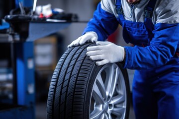 Close-up of a mechanic in uniform and gloves handling a brand new car tire with alloy wheel inside a service garage.