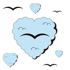 Freedom theme. Vector illustration of clouds in shaped of Heart with birds silhouette isolated transparent background. Simple art for nursery poster wall decor and t-shirt print. EPS 10