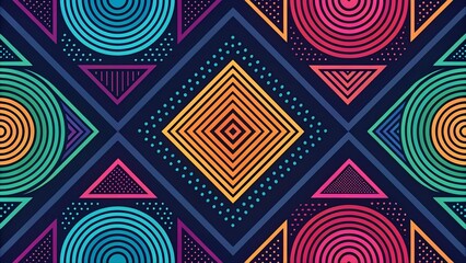 Colorful abstract geometric pattern with concentric circles, triangles, and squares on dark background. Retro pop art style, ideal for posters, backgrounds, and digital design.