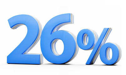 Vibrant Blue 26% Twenty Six Percent Sign With Metallic Gleam On White Background 3D Illustration