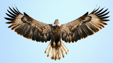 Obraz premium A majestic eagle soaring gracefully against a clear blue sky, with its wings fully extended, showcasing the beauty and power of avian flight.