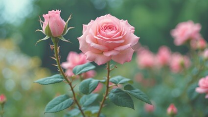Pretty Polyantha Rose, Pink Flowers with a single pink flower in a summer garden with green soft focus background and empty space for text