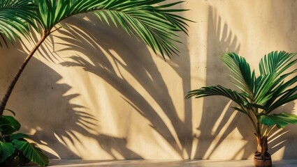 Tropical plants and their shadows cast on a beige wall, with sunlight creating patterns. Vegetation and natural lighting, nature scene. The concept of plant shadows and sunlight effects.