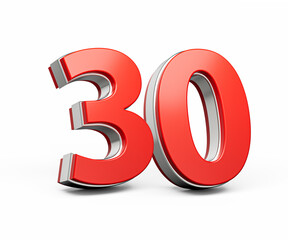 Bold Vibrant Red Number Thirty Number 30 With Metallic On White Background 3D Illustration