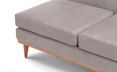 Detailed close-up of the armrest and stitching on a modern gray sofa. Shows the texture of the fabric and quality craftsmanship of the wooden frame.
