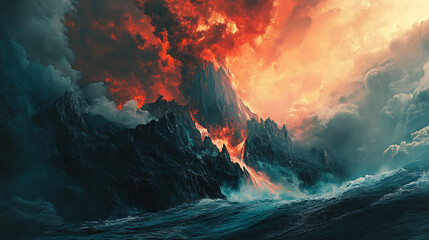 Dramatic mountain landscape with flowing lava and stormy skies creates a sense of power and destruction over ocean waves.