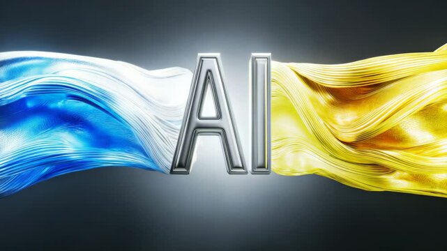 Metallic logo with the letters "AI" in silver, on an abstract background of different colors that transform into each other.