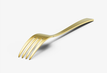 A sleek gold-plated fork with a reflective finish and a slightly curved handle. 3D Illustration