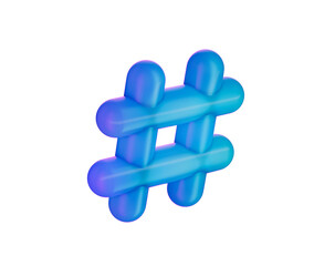 A glossy blue 3D hashtag symbol, representing social media and online connectivity. 3D Illustration