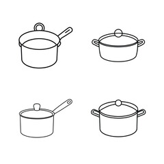 Four different line art illustrations of kitchen cookware including pots and saucepan variations