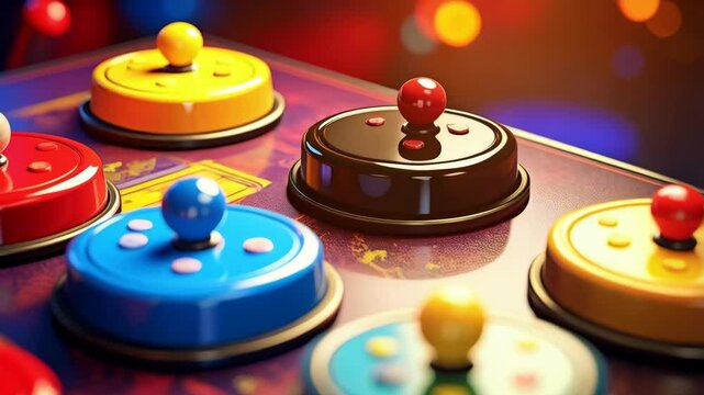 Vibrant array of multi-colored buzzer buttons, each topped with a corresponding sphere, arranged across a speckled surface, a game themed background.
