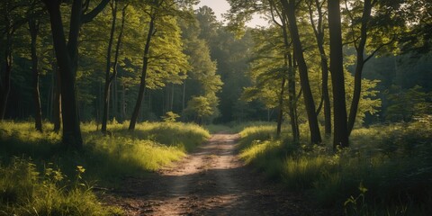 Obraz premium A walk through the summer forest with empty copy space for text