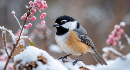 Obraz premium Chickadee Bird with Snow and Pink Blossoms, Empty Space for Text