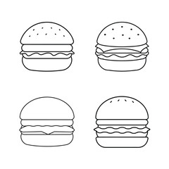 Simple vector outlines of classic burgers displaying different configurations and food elements