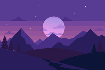 Obraz premium Purple mountain landscape at sunset with stars