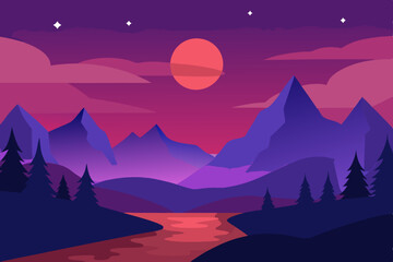Purple mountain landscape at sunset with stars