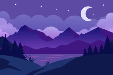 Gordijnen Purple mountain landscape at sunset with stars © Rashada