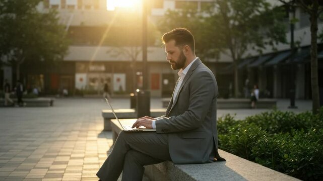 Businessman working outdoors on laptop